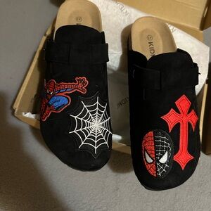 Black Clogs with Spider and Cross Design
